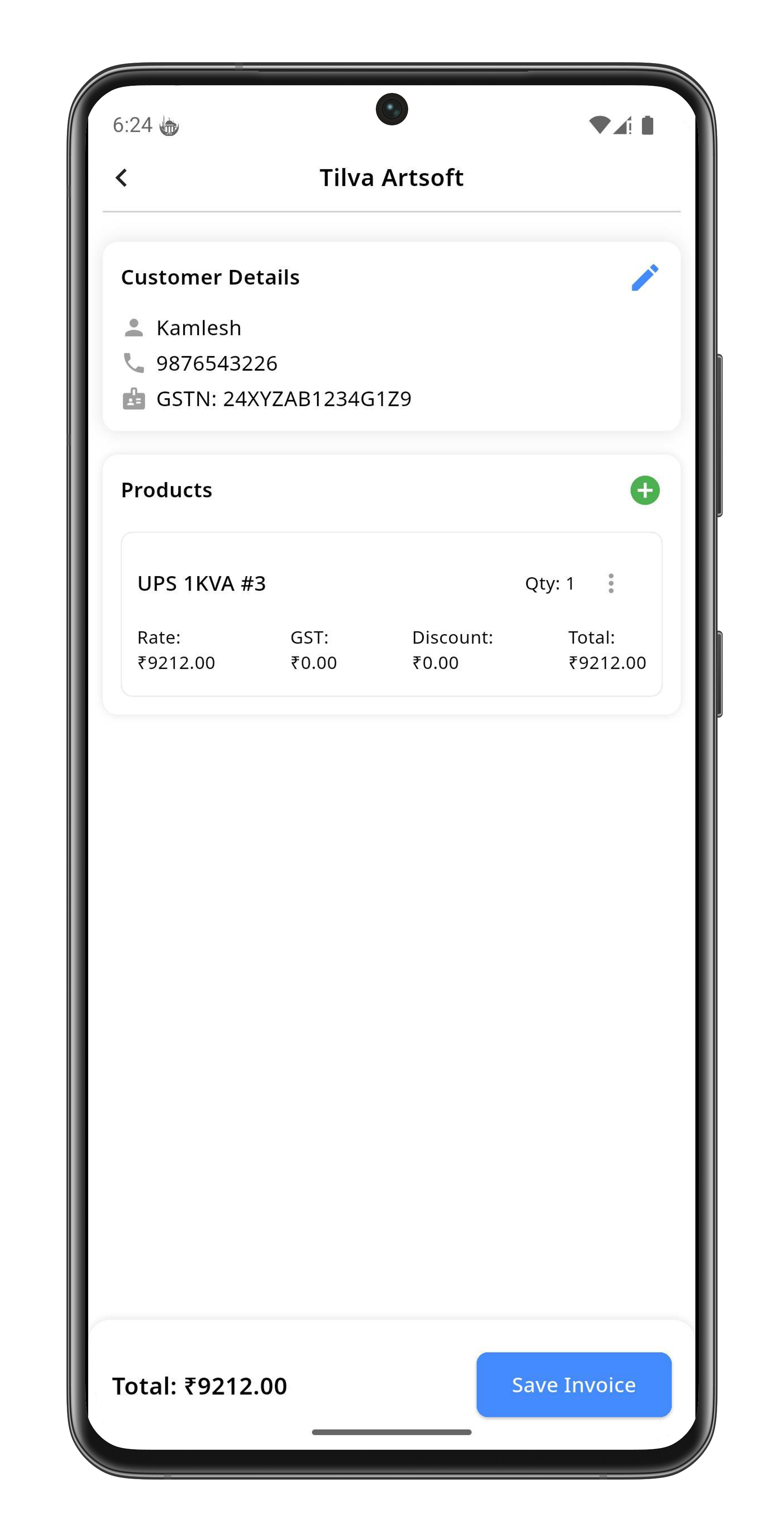 modern smartphone mockup showing GST billing app interface with invoice list and mobile-friendly design, clean UI