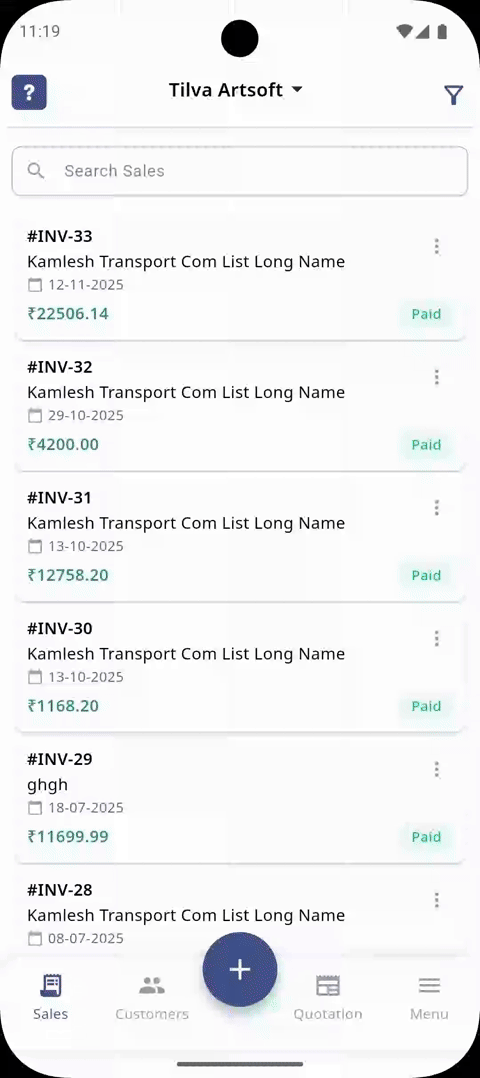 mobile app workflow showing invoice creation steps on smartphone screen, modern UI design with Indian business context