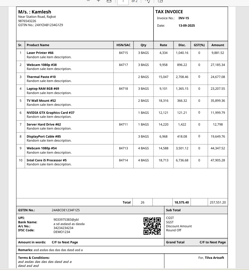 Sample invoice with UPI QR code