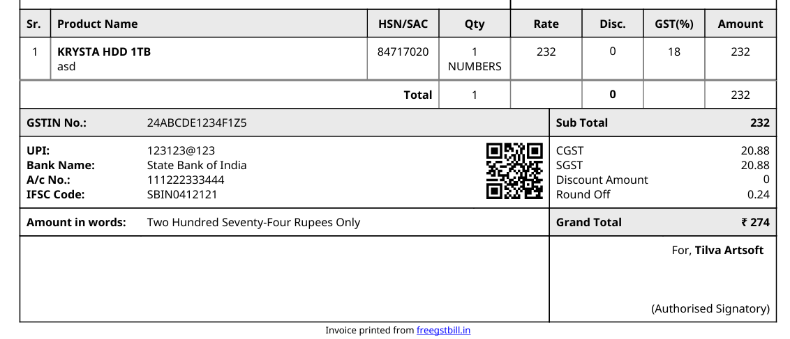 Invoice with UPI QR code and share or PDF options