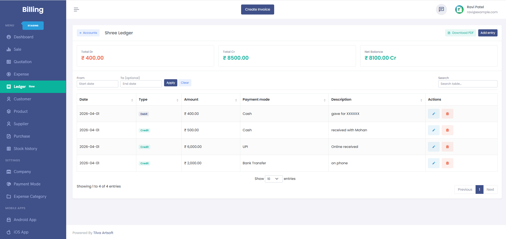 Party ledger or statement showing balance and entries