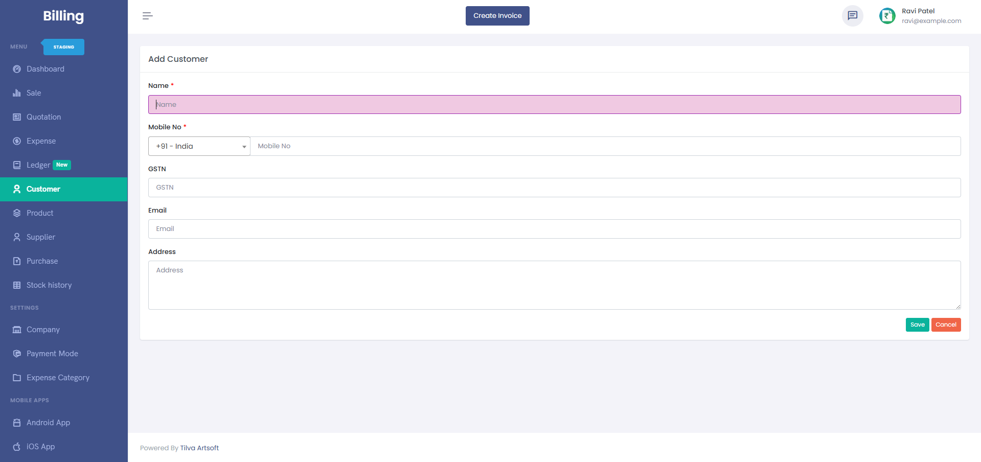 Customer or party edit form with name, address, and GST fields