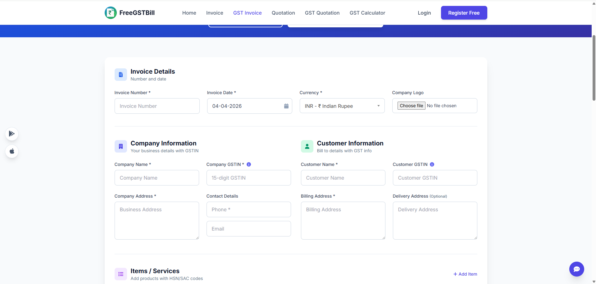 Free invoice or quotation tool running in the web browser