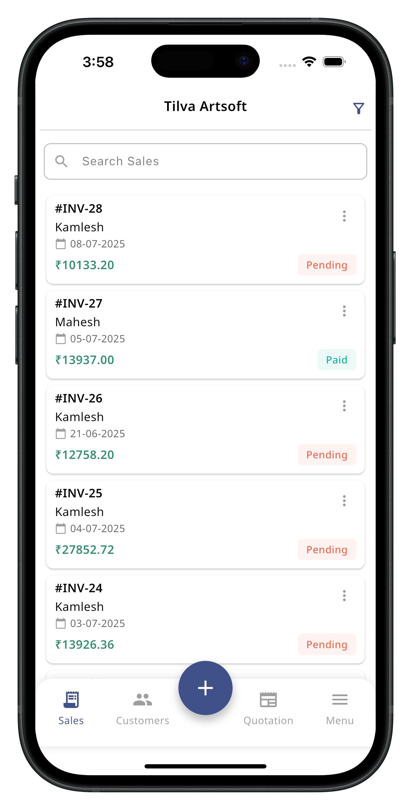 modern smartphone mockup showing invoice app interface with clean UI, professional product photography, white background